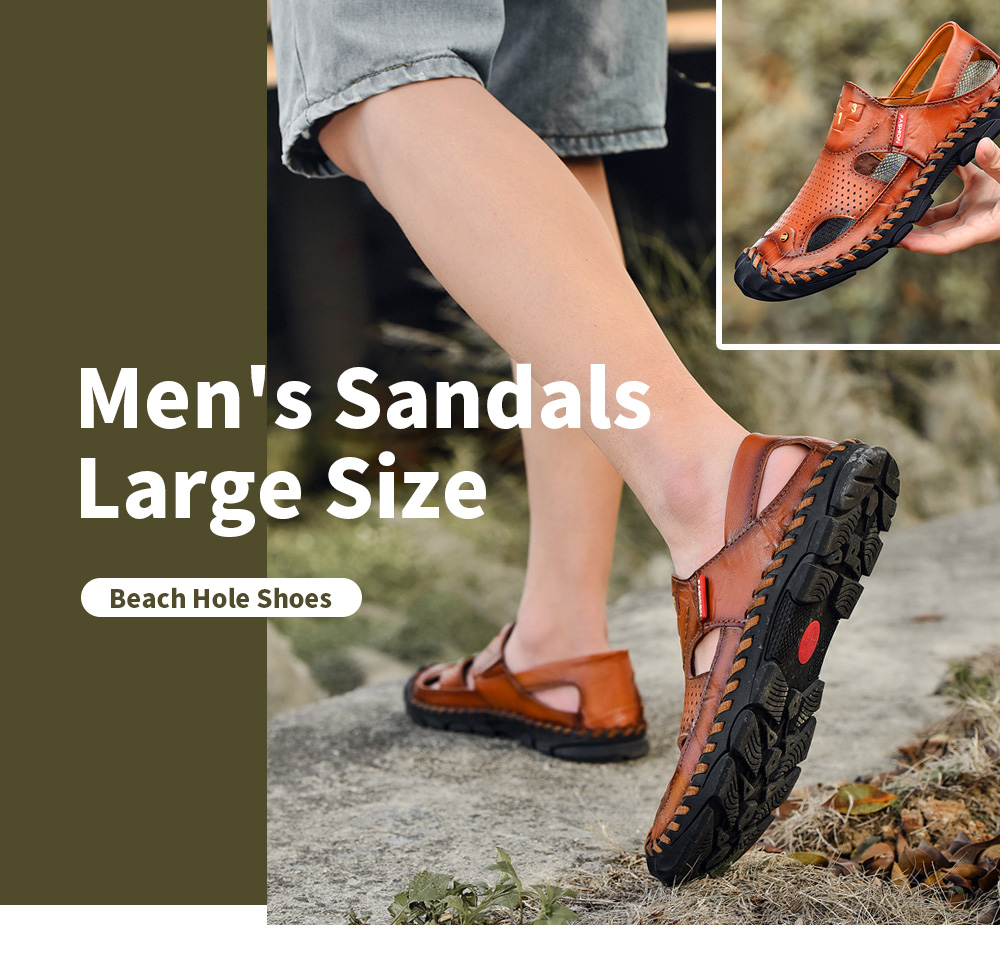 Men's Sandals Male Summer Leather Hole Shoes Large Size Beach Shoes - Black 43 Men's Sandals Male Summer Leather Hole Shoes Large Size Beach Shoes - Black 43