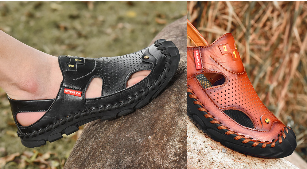 Men's Sandals Male Summer Leather Hole Shoes Large Size Beach Shoes - Black 43 Men's Sandals Male Summer Leather Hole Shoes Large Size Beach Shoes - Black 43