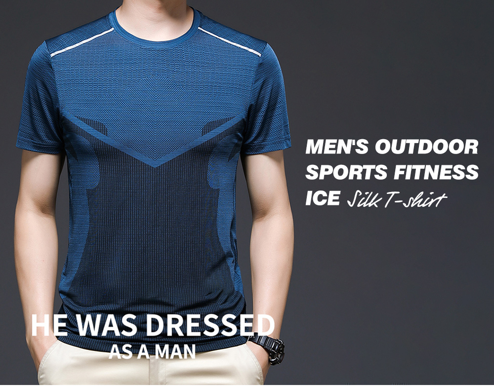 NS372 Men Outdoor Sports Fitness Short Sleeve Round Neck T-shirt Ice Silk Tops - Silk Blue L NS372 Men Outdoor Sports Fitness Short Sleeve Round Neck T-shirt Ice Silk Tops - Silk Blue L