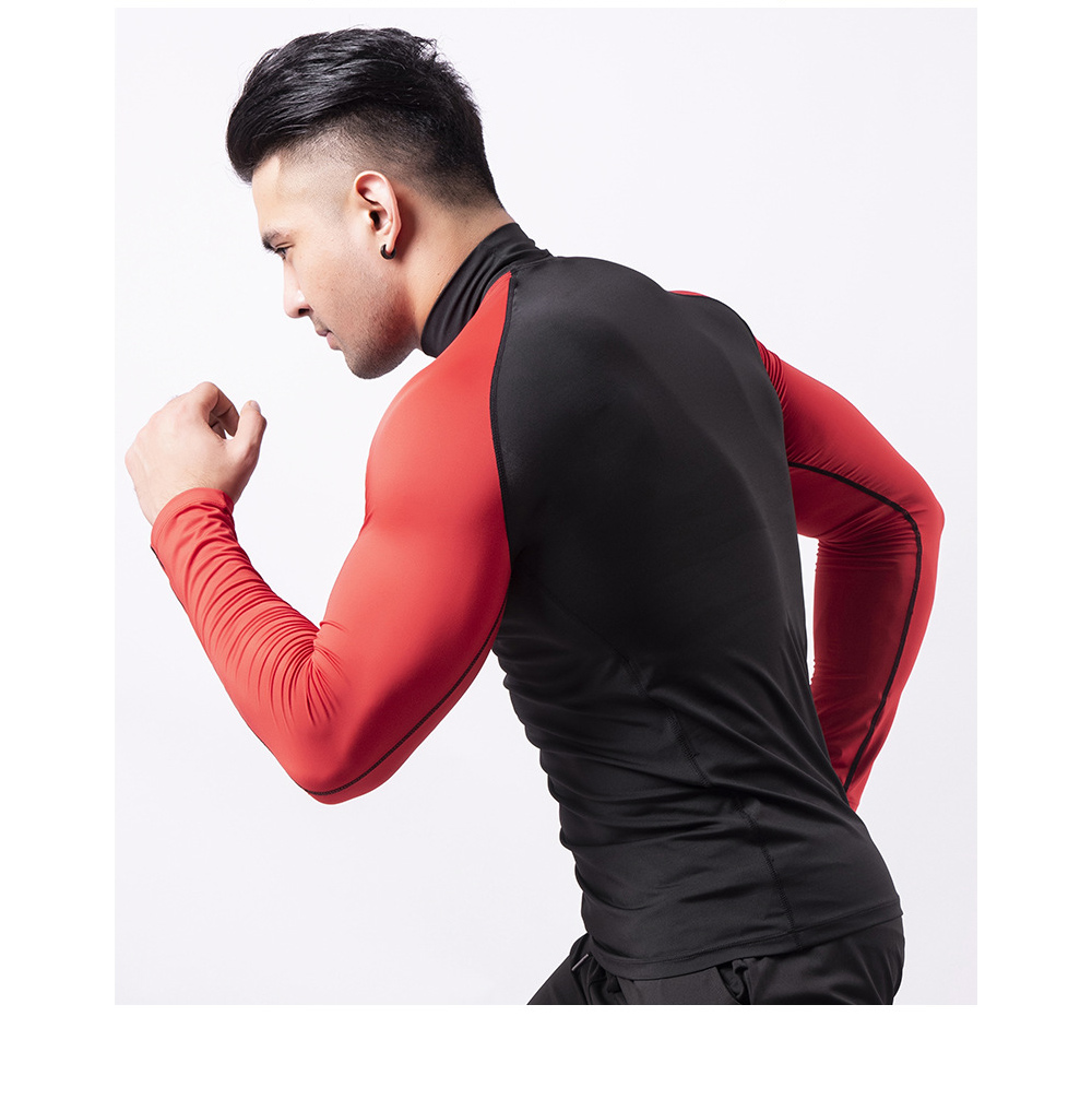 High Collar Fitness Clothes Men's Tight-fitting Veneer Quick Long Sleeve T-shirt Padded Basketball Running Sports Top - Long Sleeve D1976 (high Collar) Black + Red Sleeve + Black Line XL High Collar Fitness Clothes Men's Tight-fitting Veneer Quick Long Sleeve T-shirt Padded Basketball Running Sports Top - Long Sleeve D1976 (high Collar) Black + Red Sleeve + Black Line XL
