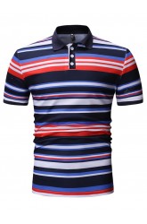 Casual Fashion Men's Turn-down Collar Stripe Short Sleeve T-shirt